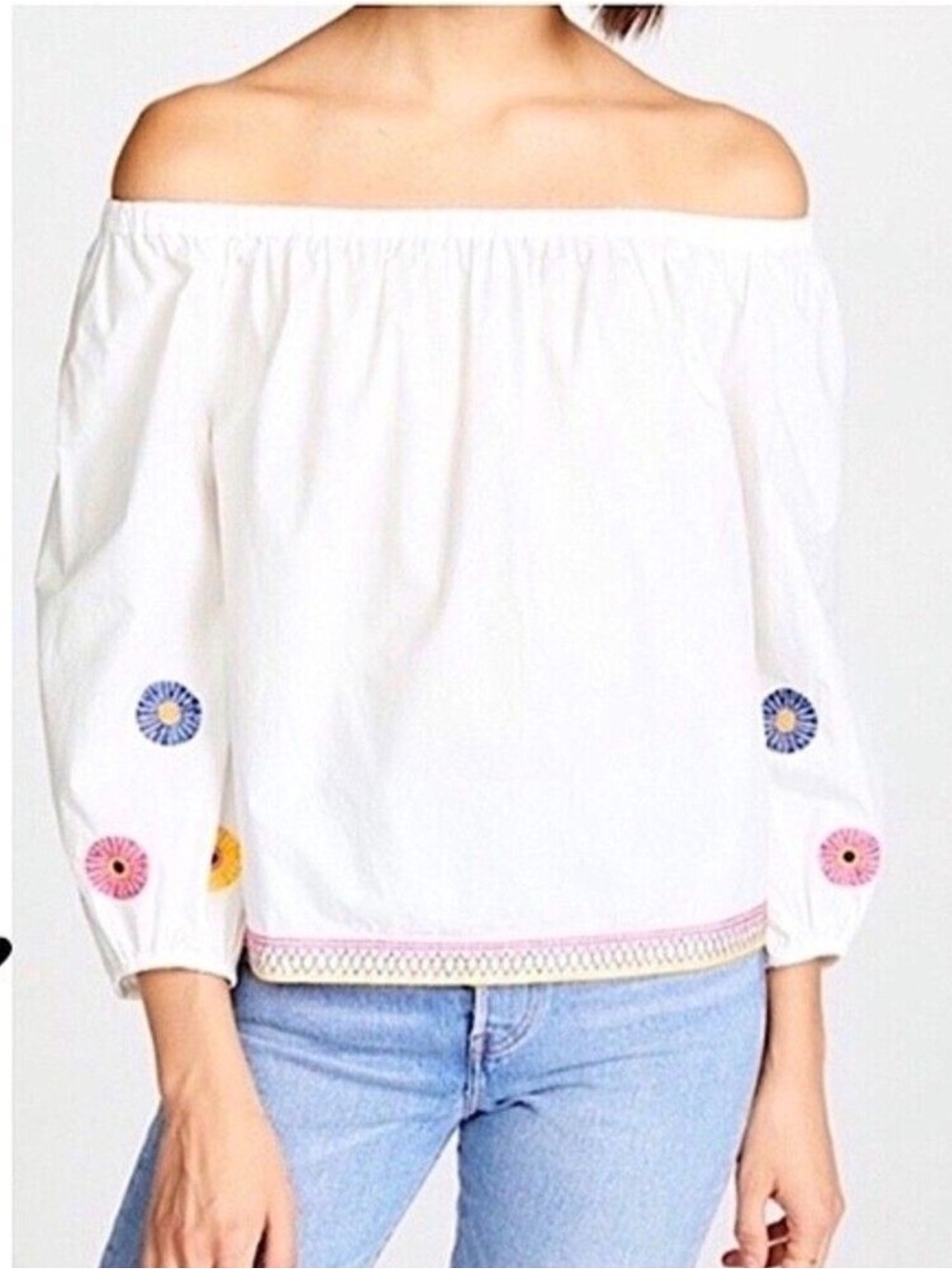 Madewell White Off-Shoulder Embroidered Peasant Top with Multicolor Accents